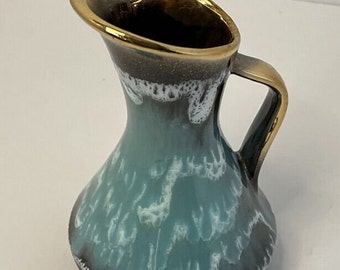 German Pottery Ewer Pitcher Drip Glaze Gold Handle & Spout Miniature Marked 5"