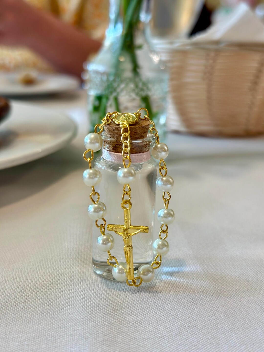 Baptism Favors Empty Holy Water Bottle With Rosary | Custom Ribbon ...