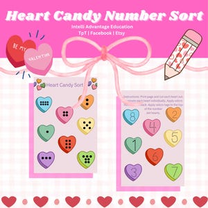 Könnte beinhalten: Eine druckbare Valentinstags-Lern-Aktivität für Kinder. Die Aktivität heißt "Heart Candy Number Sort". Der Ausdruck enthält zwei Blätter. Ein Blatt hat neun herzförmige Bonbons mit unterschiedlicher Anzahl an Punkten. Das andere Blatt hat neun herzförmige Bonbons mit den Zahlen 1 bis 8. Die Anweisungen sind, die Seite auszudrucken, die Herzen auszuschneiden und die Herzen mit der richtigen Anzahl an Punkten zuzuordnen.