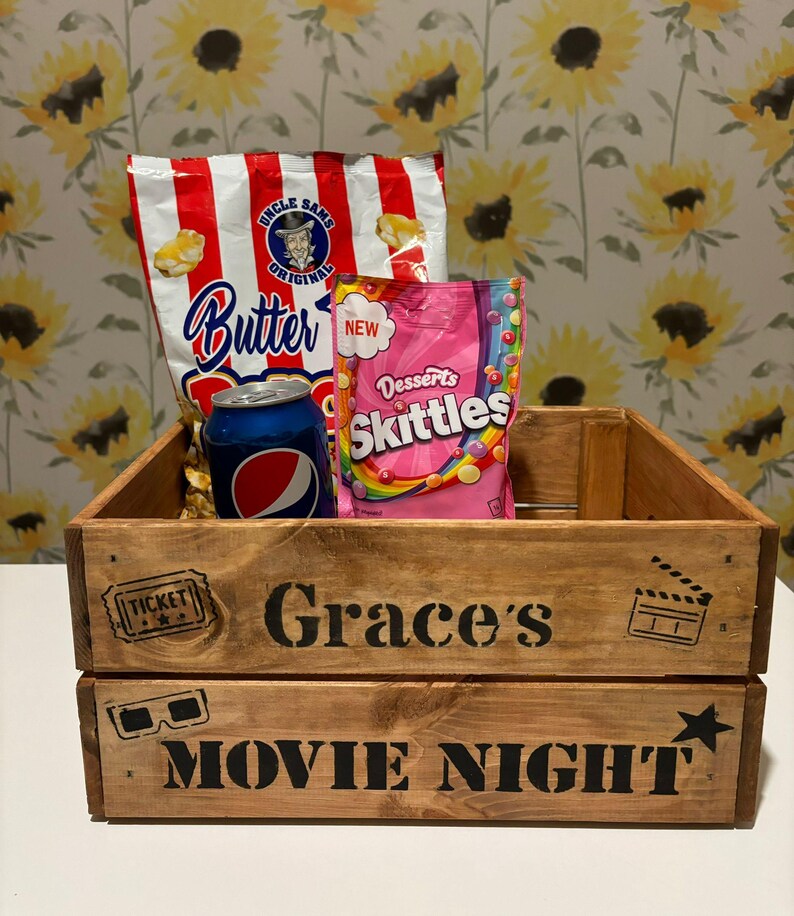 Personalised Movie Night Crate: Rustic Snack Box, Couples Gift Hamper ...