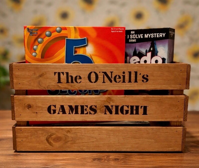 Personalised Rustic Pine Wood Games Night Crate – Family Board Games ...