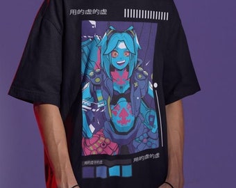 May include: Black t-shirt featuring a graphic print of a blue-haired anime character in a futuristic setting. The text "用 的 虛 的 虛" is printed on the shirt.