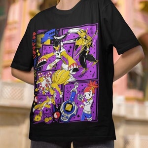May include: Black t-shirt with a colorful graphic print featuring anime characters and the text "ルキエルモン".