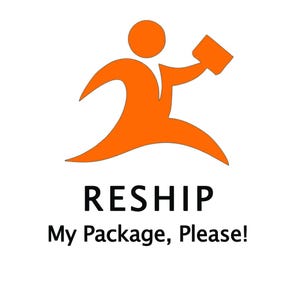 May include: An orange silhouette of a person running with a package in hand. The text "RESHIP My Package, Please!" is below the image.