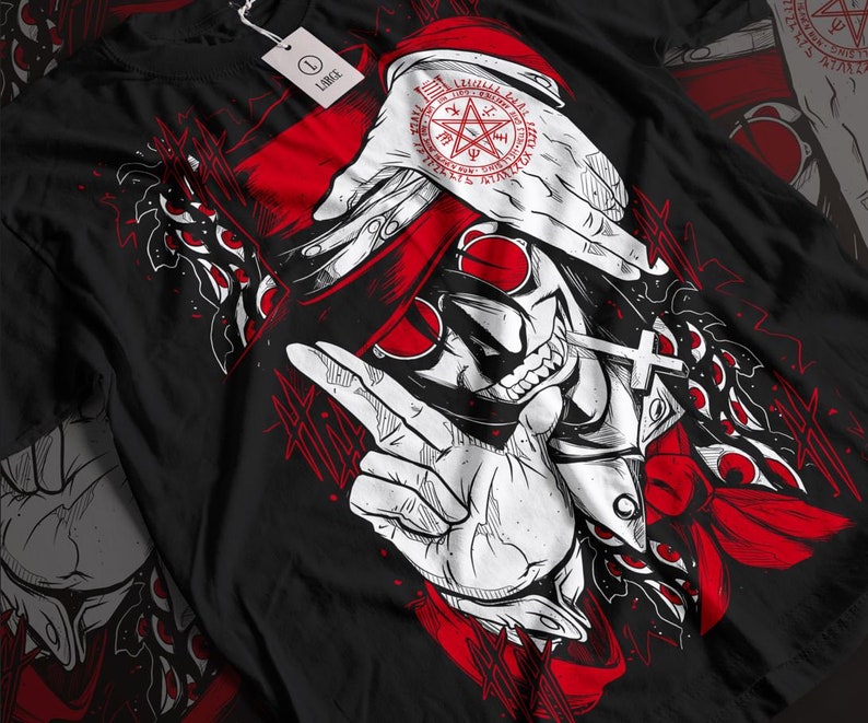 May include: Black t-shirt with a white and red illustration of a vampire with a cross necklace and a pentagram symbol on his forehead. The vampire is wearing a red hat and sunglasses. The background is black with red and white accents.