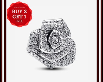 Funkelnde Rose in Bloom Charm, 925 Sterling Silber, Charm für Bettelarmband, Schmuck für Frauen, Geschenk für Sie