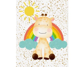 Póster enrollado con diseño de jirafa arcoíris, decoración de pared para habitación infantil