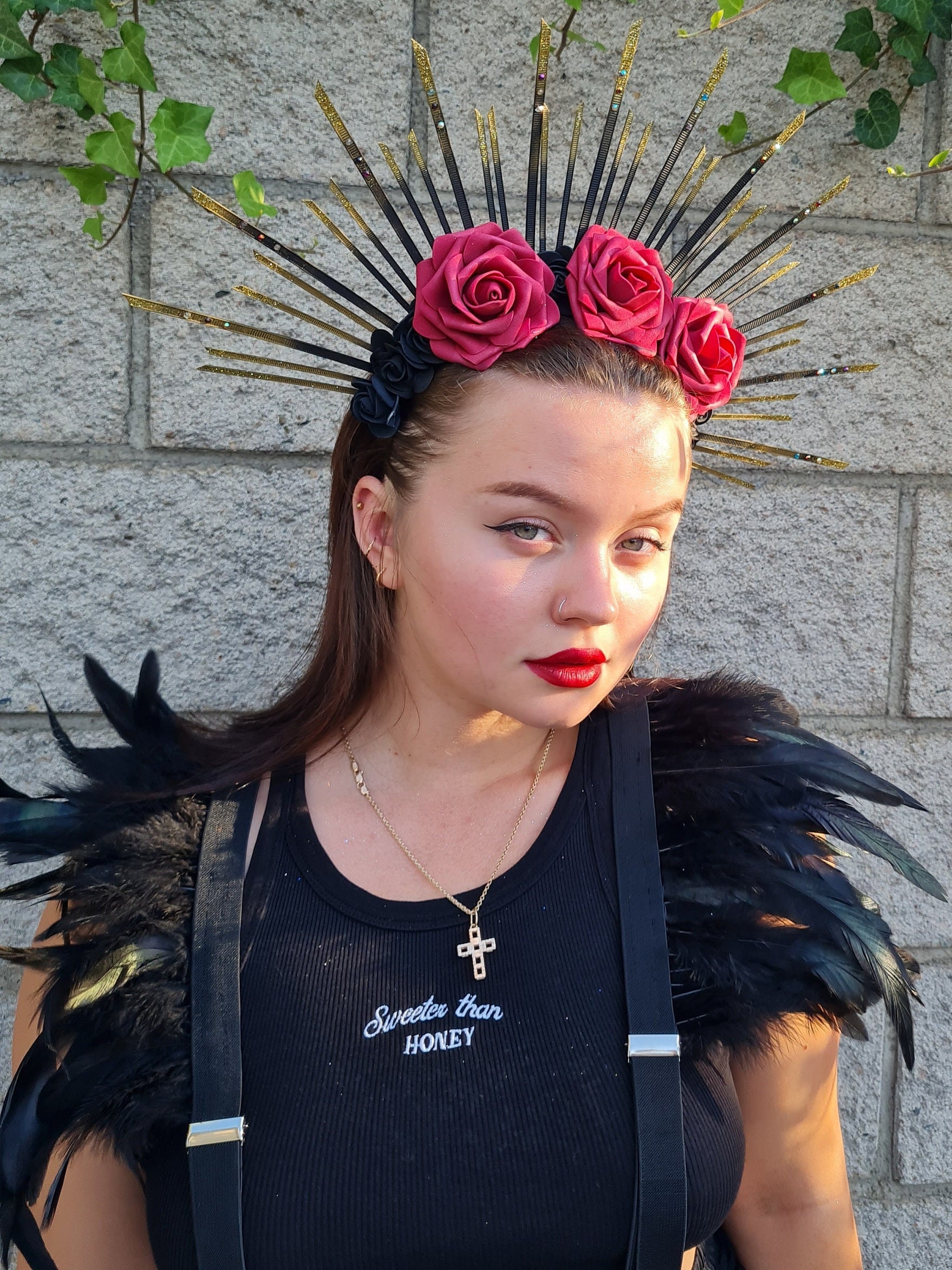 Gothic Blumen Stirnband Mit Roter Rose – Halloween Tiara & Hexen-Kopfbedeckung