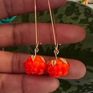 May include: A pair of dangle earrings featuring bright orange, berry-shaped charms with gold-colored hooks. The earrings have a detailed, textured appearance, resembling ripe fruit. The background is blurred, with green foliage.
