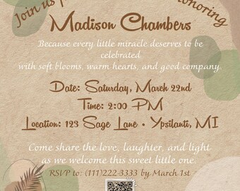 Boho baby shower invitation, Editable Digital Template