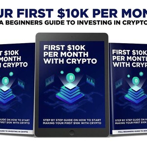 May include: Three digital book covers with a blue and black background. The covers feature a blue and white 3D pyramid with a Bitcoin symbol on top. The text on the covers reads "First $10K Per Month With Crypto". The text below the image reads "Step by step guide on how to start making your first $10K with crypto".