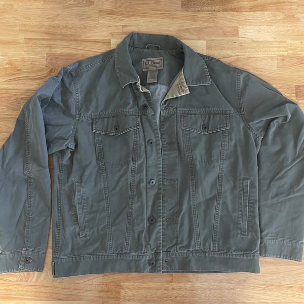 Vintage L.L. Bean Jacket Coat Long Sleeve Flannel Bomber Military Style Over Shirt Olive Green Men’s Medium m  Med, fits Large l DYR22 Ll