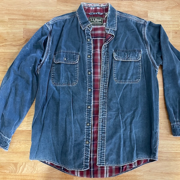 Vintage L.L. Bean Jacket Coat Long Sleeve Flannel Over Blue Denim Jean /Red Plaid Liner Distressed Men’s Medium m  Med fits Large l OMS96 Ll