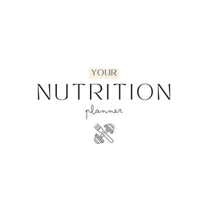 May include: A minimalist design featuring the words "YOUR NUTRITION planner" in a clean, modern font. A graphic of a fork crossed with a dumbbell is below the text, all set against a white background. The word "YOUR" is in a beige rectangle.