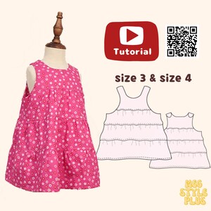 May include: A pink sleeveless dress with a floral print and three tiers. The dress is shown on a mannequin. A separate image shows a line drawing of the dress in sizes 3 and 4. The text "Tutorial" and a QR code are also included in the image.