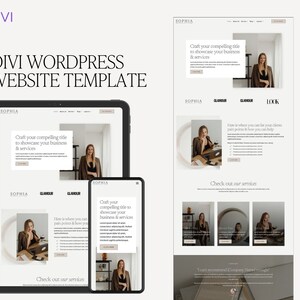 May include: A website template for a business website using the Divi WordPress theme. The template features a light background with a header that includes the business name "Sophia" and a tagline. The website also includes a section with a photo of a woman and text that says "Craft your compelling title to showcase your business & services".