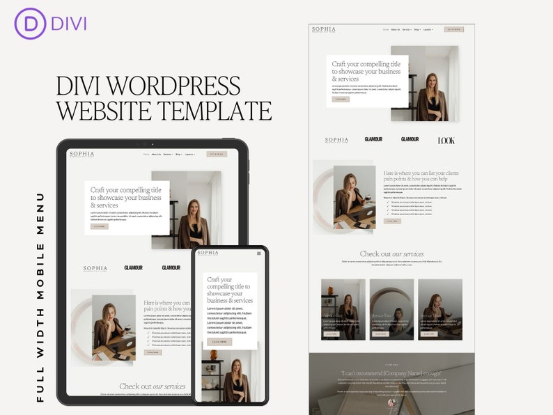 May include: A website template for a business website using the Divi WordPress theme. The template features a light background with a header that includes the business name "Sophia" and a tagline. The website also includes a section with a photo of a woman and text that says "Craft your compelling title to showcase your business & services".