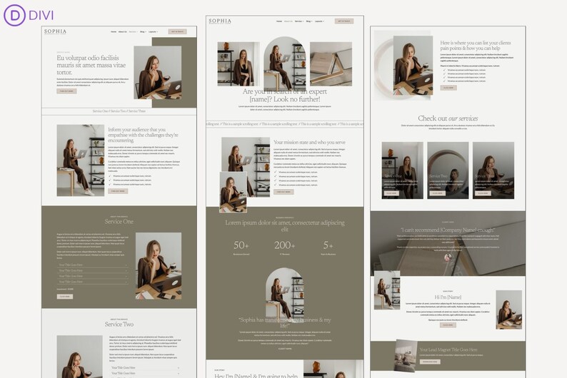 May include: A website homepage for a business consultant, featuring a woman in a brown blazer and a white shirt, with the text "Sophia" and "Are you in search of an expert [name]? Look no further!" on the page.