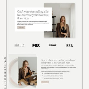 May include: Website homepage for Sophia, a WordPress theme. The website features a white background with black text and images. The text includes the words "Craft your compelling title to showcase your business & services" and "Here is where you can list your clients pain points & how you can help". The images show a woman in a brown jacket and a woman working on a laptop.