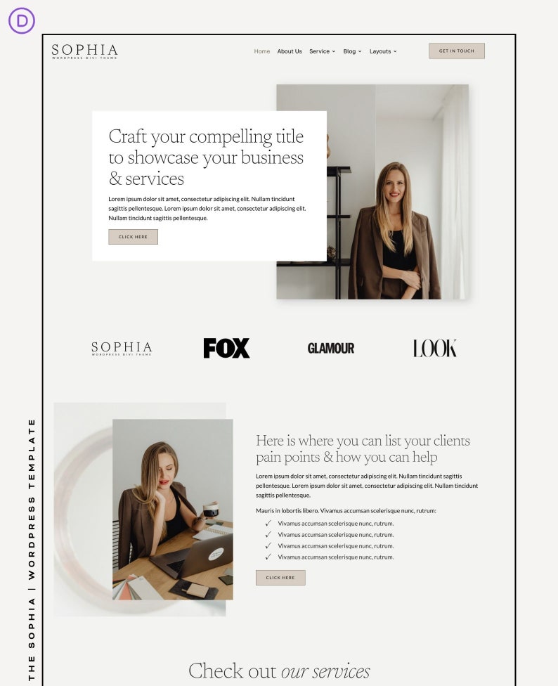 May include: Website homepage for Sophia, a WordPress theme. The website features a white background with black text and images. The text includes the words "Craft your compelling title to showcase your business & services" and "Here is where you can list your clients pain points & how you can help". The images show a woman in a brown jacket and a woman working on a laptop.
