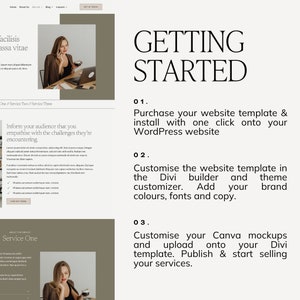 May include: A website template for a business with a green and white color scheme. The text "Getting Started" is displayed in a large font size. The text describes the steps to set up the website, including purchasing the template, customizing it, and uploading Canva mockups.