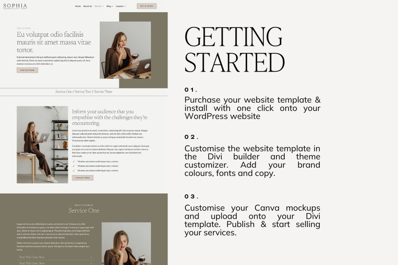 May include: A website template for a business with a green and white color scheme. The text "Getting Started" is displayed in a large font size. The text describes the steps to set up the website, including purchasing the template, customizing it, and uploading Canva mockups.