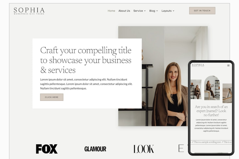 May include: A website homepage for a business called Sophia. The website features a woman in a brown blazer and a white shirt, standing in front of a bookshelf. The text on the website reads "Craft your compelling title to showcase your business & services".