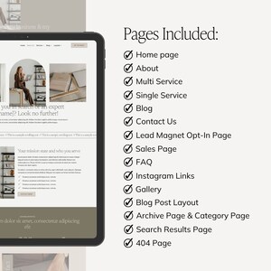 May include: A screenshot of a website design template for a business called "Sophia". The website features a minimalist design with a focus on showcasing the business owner's expertise. The website includes pages for home, about, services, blog, contact, lead magnet opt-in, sales, FAQ, Instagram links, gallery, blog post layout, archive page and category page, search results, and a 404 page.