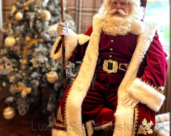 Deluxe Velvet Santa Robe, Faux Fur Trim, Gold Motif Detail, Ruby Red