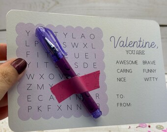 Valentine's Day Card Set for Kids: Word Search Game, Pen Included