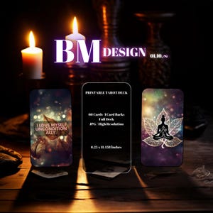 May include: Printable tarot deck with 66 cards and one card back. The cards are high resolution JPG images and measure 6.25 by 11.458 inches. The card backs feature a purple and gold design with a meditating figure in silhouette.