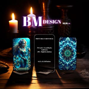 May include: Printable tarot deck with 78 cards, one card back design, full deck, high resolution JPG images. The deck is 6.25 inches by 11.438 inches. The cards feature a mermaid and a mandala design.