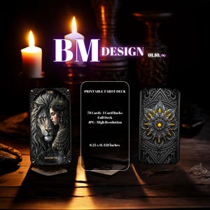May include: Printable tarot deck with 78 cards, featuring a black and gold design with a lion and a woman on the Strength card and a mandala on the back of the cards. The deck is 6.25 x 11.458 inches.