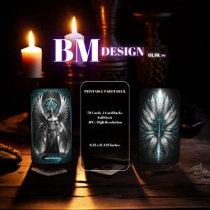 May include: Printable tarot deck with 78 cards, one card back, full deck, high resolution JPG images. The cards are 6.25 by 11.458 inches. The image shows two cards, one with a winged angel figure and the other with a stylized feather design.