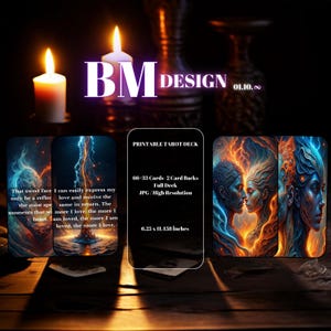 May include: Printable tarot deck with 66 cards, 2 card backs, full deck, JPG, high resolution, 6.25 x 11.438 inches. The cards feature a fiery, abstract design with two figures embracing.
