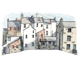 May include: Watercolor painting of a row of houses with white and gray walls, red brick accents, and slate roofs. The houses are clustered together in a tight formation, creating a sense of community.
