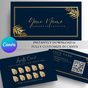Volledig aanpasbare visitekaartjes en klantenkaarten - marineblauw en goud met QR-code