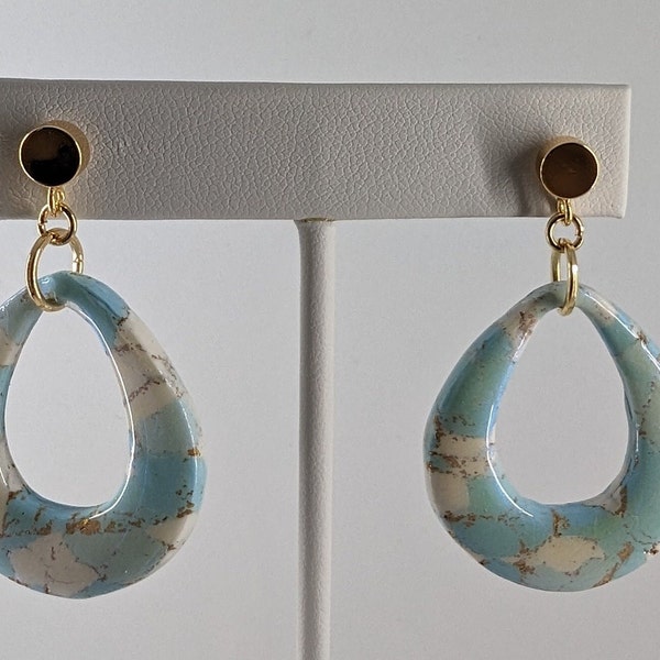 Handmade, Polymer Clay, UV Resin, Dangle Earrings, Blue, White, Gold, Pastel Colors, Blue Iridescence, Shimmery,  Stainless Steel Posts