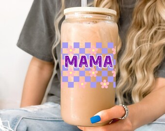 For mom Checkered Mama glass tumbler iced coffee cup retro tumbler gifts for her gift for mom gifts for mom mothers day gifts baby shower gi