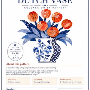 Pode incluir: Um padrão de colcha tipo colagem intitulado Tulips in Dutch Vase da The Crippled Quilter. O design apresenta tulipas de tecido laranja e vermelho num vaso azul e branco. Inclui instruções para tamanhos de 20,3 por 25,4 e 30,5 por 40,6 cm.