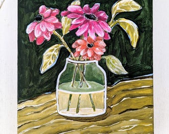 Original Floral Painting Pink Flowers Glass Vase | Small Cottagecore Artwork