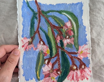 Australian Native Blossom Oil Pastel Painting, Deckled Edge Cotton Paper