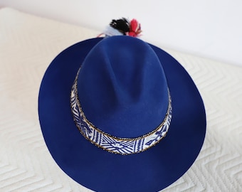 Handmade Blue Andean Hat – Peruvian Alpaca & Felt Fedora, Sustainable Inka Q’ero Woven Band Hat, Artisan Camel Fedora