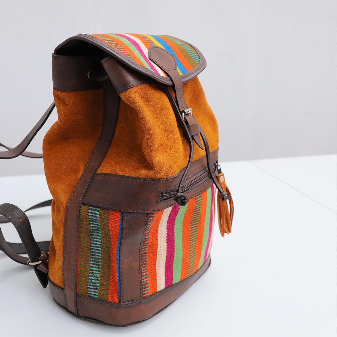 Bolivia handwoven aguayo textile leather backpack Aguayo - origin and manufacture of the fabric - Pachamama main image 3