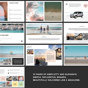 May include: A presentation layout with ten pages, featuring images of landscapes, architecture, and people. Text includes "Justin Trudeau has said. Family And Trip" and "10 PAGES OF SIMPLICITY AND ELEGANCE."