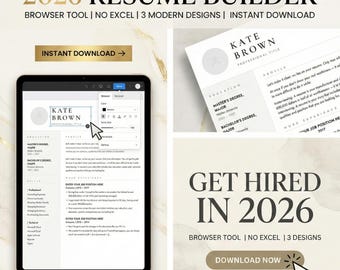 Creador de currículum 2026 (herramienta de navegador) / Sin Excel / 3 diseños modernos / Descarga instantánea