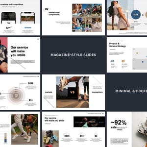 May include: A presentation slide deck with a minimalist design. The slides feature text, charts, and images related to markets, competitors, and product strategy. The text includes phrases like "Our service will make you smile" and "Magazine-Style Slides."