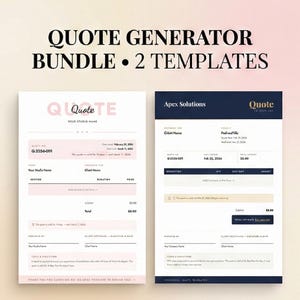 May include: A digital product bundle featuring two quote templates. The templates have a minimalist design with a pink and navy blue color scheme. The text "Quote Generator Bundle - 2 Templates" is at the top.