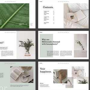 Peut inclure: Une série de diapositives de conception minimaliste avec du texte et des images. Les diapositives présentent du texte tel que "Mordern and sensual", "Why do I raise plants ?", et "Your happiness." Les images incluent des plantes, des livres et un grille-pain.