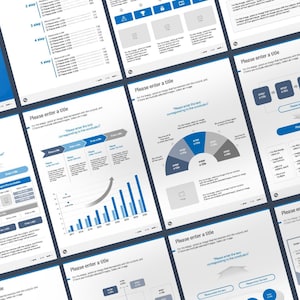 Könnte beinhalten: Eine Sammlung digitaler Interface-Mockups in Blau und Weiß. Die Designs enthalten Textaufforderungen wie "Bitte einen Titel eingeben" und umfassen verschiedene Diagramme, Grafiken und Bildplatzhalter. Das Gesamtthema bezieht sich auf Datenvisualisierung und User-Interface-Design.